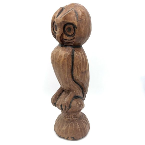 Vintage Carved Wood Owl Bird Statue Figurine On Perch 9" Tall - Picture 1 of 5